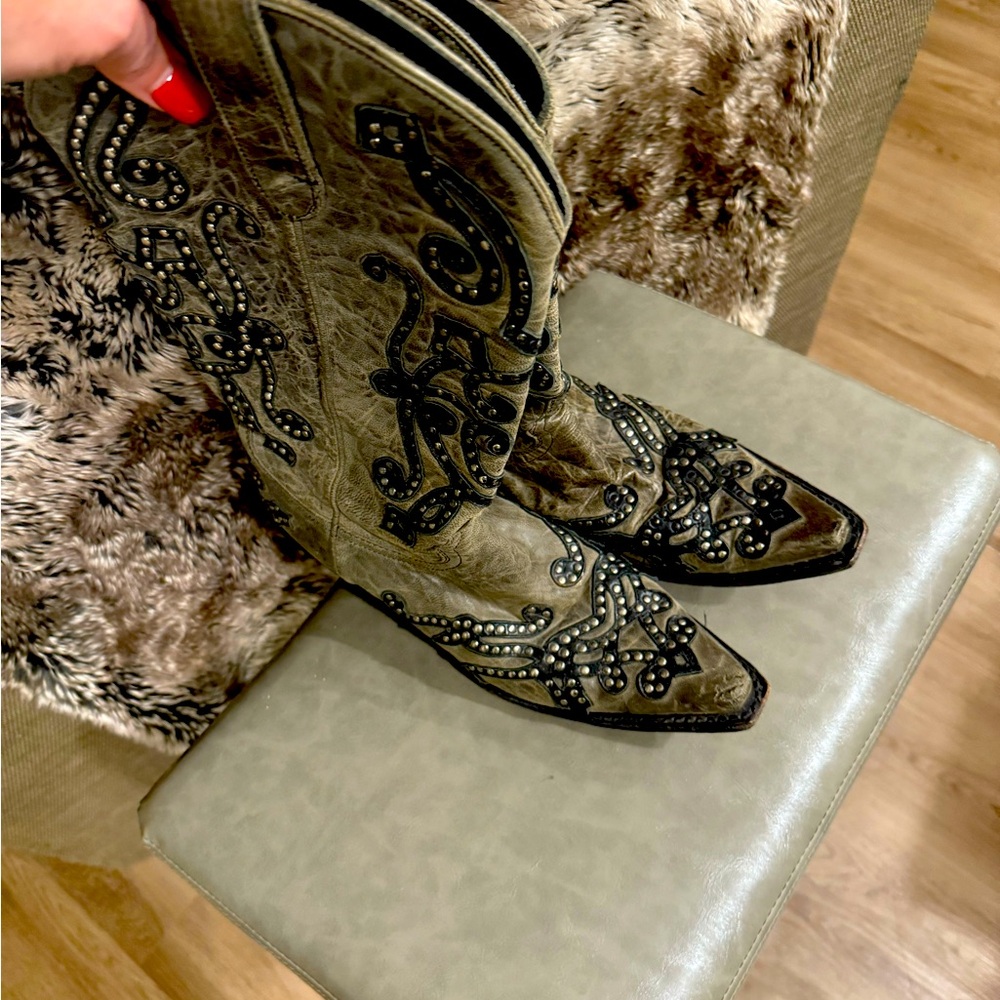 Lane Gray Studded Leather Cowboy Boots. Worn one season like new